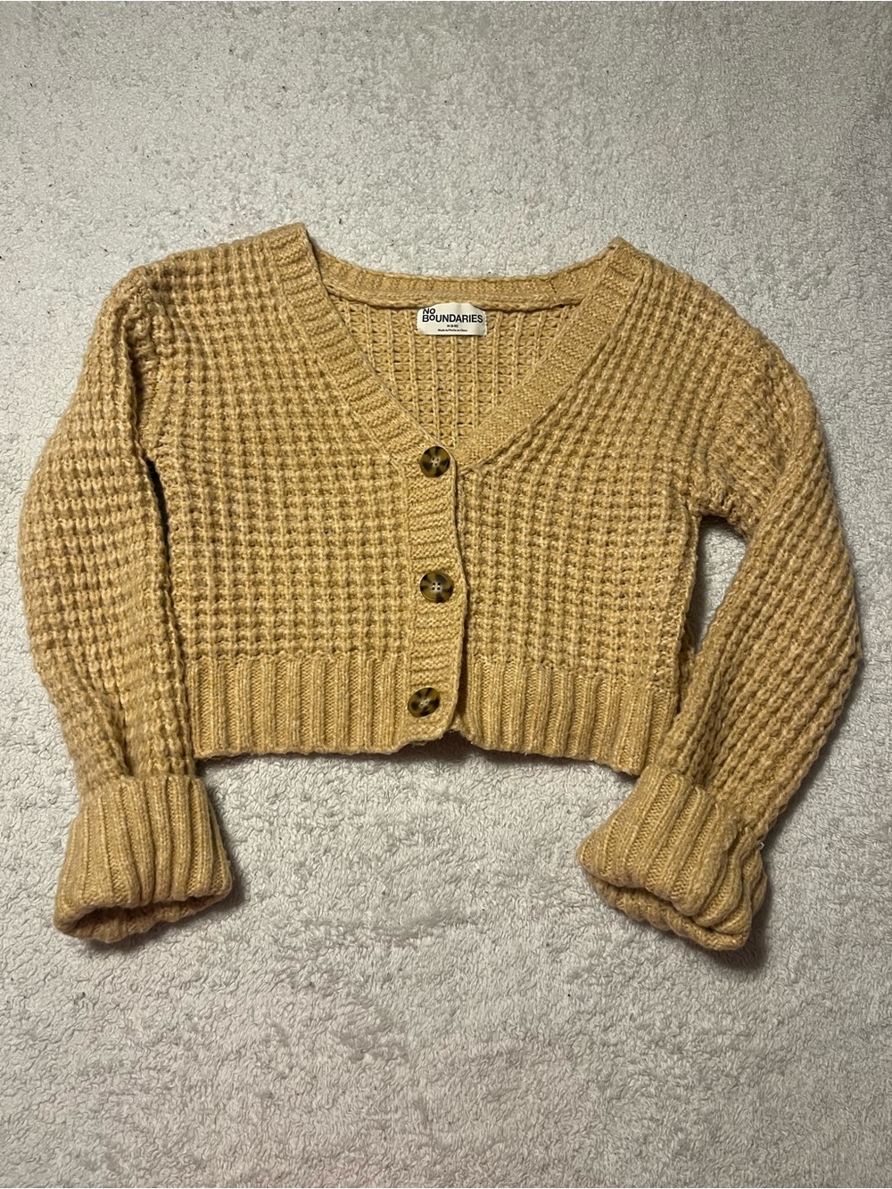 No Boundaries Cropped Waffle Knit Cardigan - Mustard Yellow